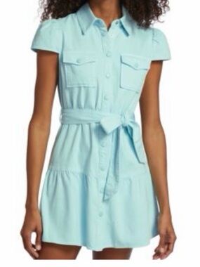 Alice + Olivia Mint Blue Short-Sleeve Tie-Waist Mini Dress